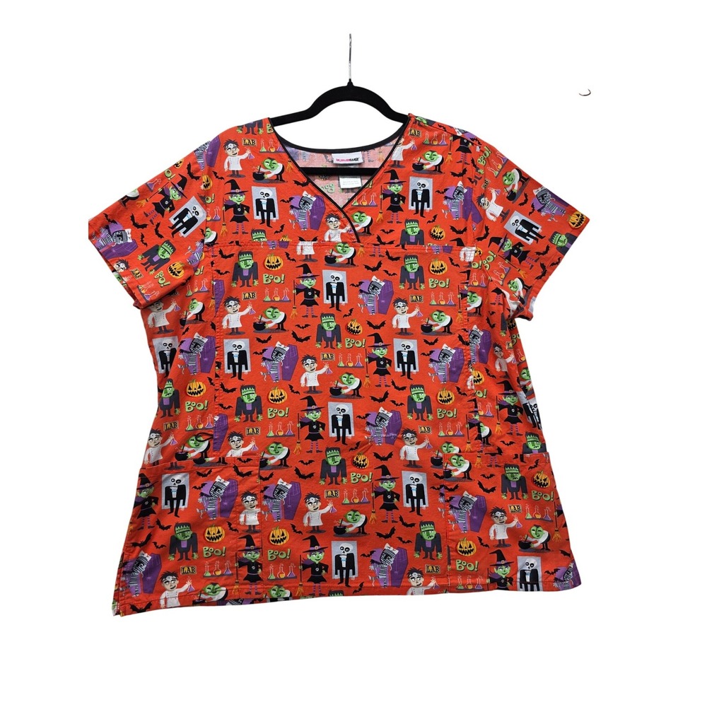 ScrubStar Halloween Scrub Top XL Orange Monster Mad Lab V-Neck Cotton